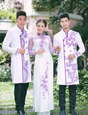 áo dài nam cách tân trắng phối tím độc đáo