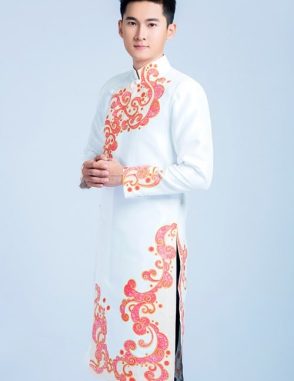 áo dài nam cách tân trắng vẽ họa tiết đỏ