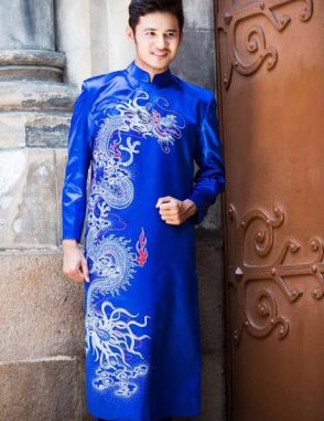 áo dài nam cách tân xanh vẽ rồng truyền thống