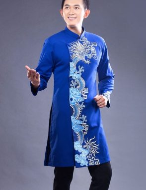 áo dài nam cách tân xanh với rồng trắng