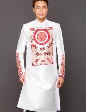 áo dà nam trắng họa tiết đỏ