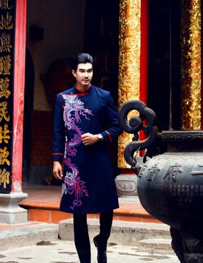 Áo dài nam cách tân xanh đen vẽ rồng lập thể
