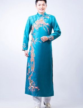 Áo dài nam xanh ngọc vẽ họa tiết hiện đại