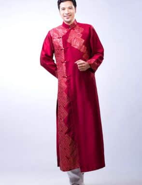 Áo dài nam đỏ trầm vẽ họa tiết sang trọng