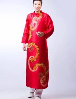 Áo dài nam đỏ vẽ hoa tiết tròn lửa vàng