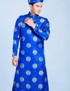 Áo dài nam truyền thống gấm xanh đồng tiền