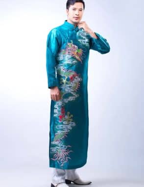 Áo dài nam xanh ngọc vẽ rồng mạnh mẽ