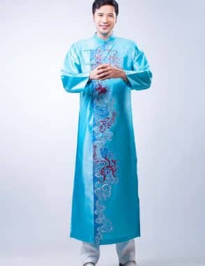 Áo dài nam xanh ngọc vẽ rồng phượng