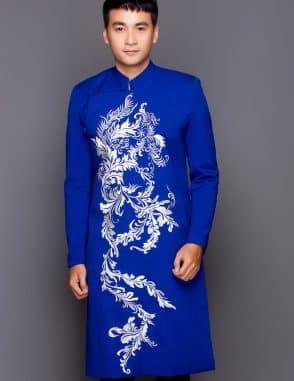 Áo dài nam xanh đậm họa tiết trắng biến thể