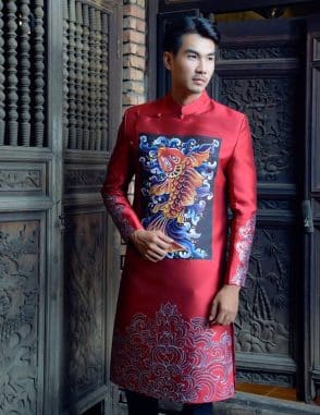 Áo dài nam đỏ vẽ họa tiết cao cấp sang trọng