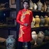 Áo dài nam đỏ vẽ họa tiết vàng độc lạ