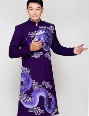Áo dài nam tím vẽ họa tiết rồng tinh xảo