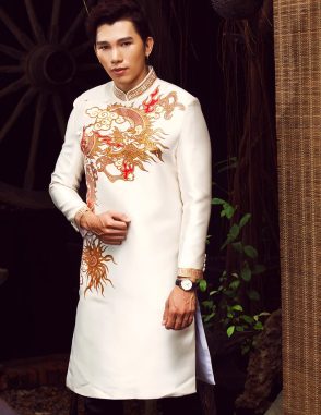 Áo dài nam vàng nhật vẽ rồng cao cấp