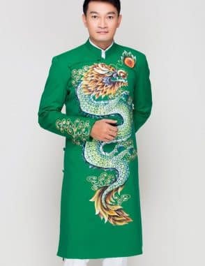 Áo dài nam xanh lá họa tiết rồng mạnh mẽ