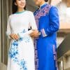 Áo dài nam cách tân xanh vẽ họa tiết tím cổ điển