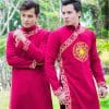 Áo dài nam cách tân đỏ họa tiết trống đồng bắt mắt
