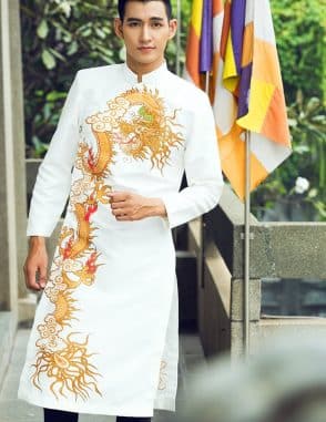 Áo dài nam cách tân trắng họa tiết rồng vàng cao cấp