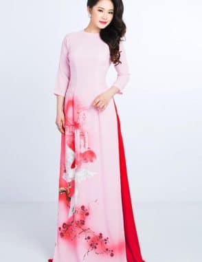 Áo dài nữ hồng nhạt vẽ cảnh làng quê