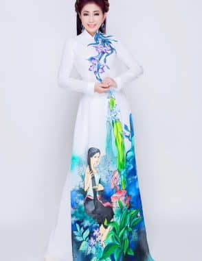 Áo dài nữ trắng vẽ hình ảnh làng quê