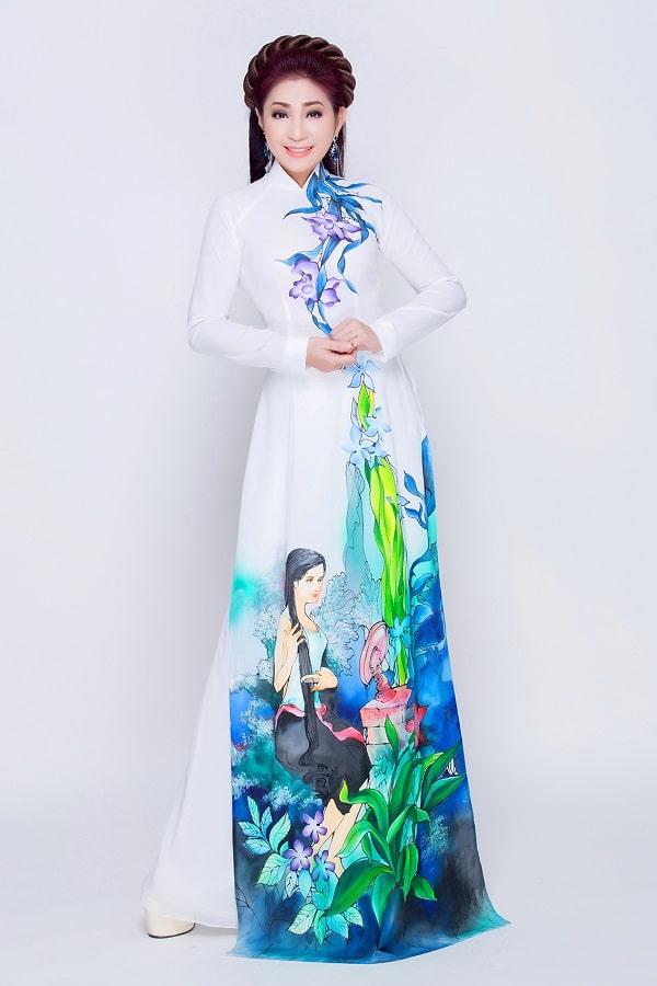 Áo dài nữ trắng vẽ hình ảnh làng quê