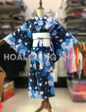 yukata nhật bản xanh hoa trắng