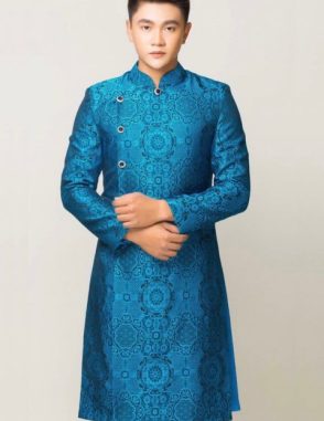 Áo dài nam gấm xanh cổ vịt