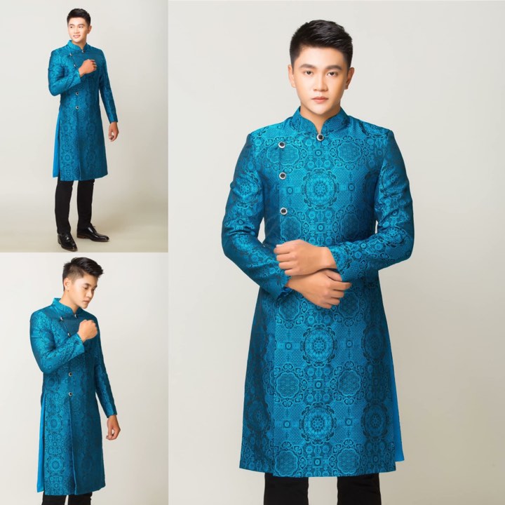 Áo dài nam gấm xanh cổ vịt