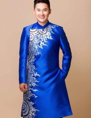 Áo dài nam cách tân xanh lam họa tiết rồng bay lượn