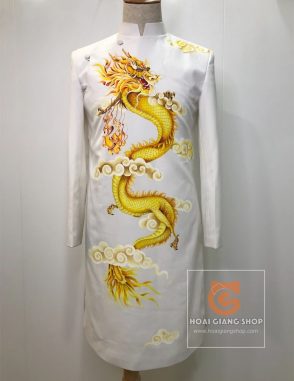 áo dài cách tân nam trắng vẽ rồng 3D