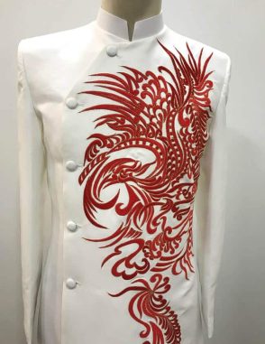 áo dài nam trắng thêu rồng đỏ cao cấp