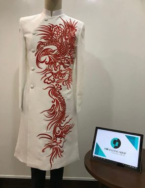 áo dài nam trắng thêu rồng đỏ cao cấp