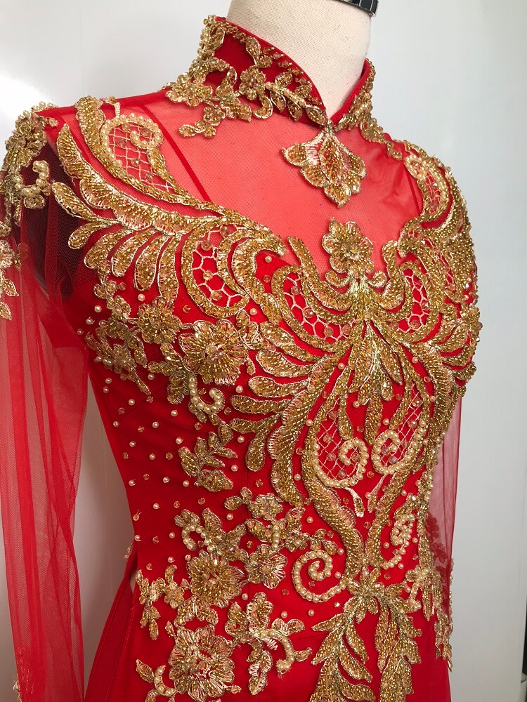 cho thuê áo dài cô dâu đỏ cườm vàng