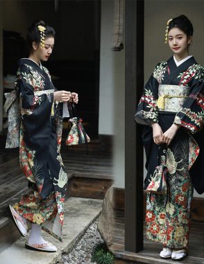 yukata nhật bản nữ màu đen