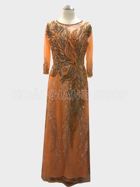 áo dài mẹ chồng màu cam kết cườm