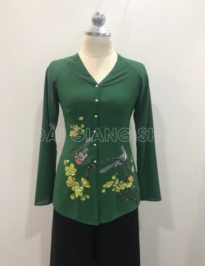 bà ba nữ xanh lá vẽ hoa mai