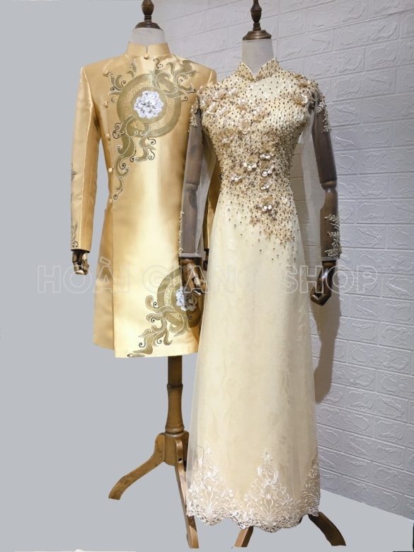 áo dài cưới cặp màu vàng đồng