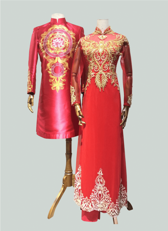cặp áo dài cô dâu chú rể màu đỏ