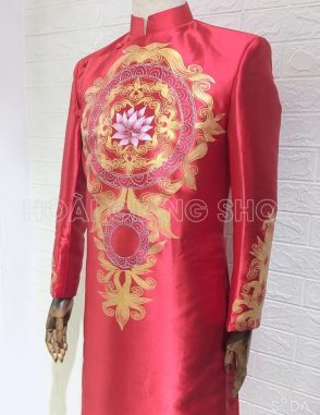 may áo dài nam cách tân đỏ
