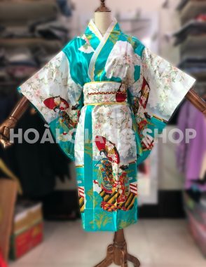 yukata nhật bản hình cô cái màu xanh ngọc