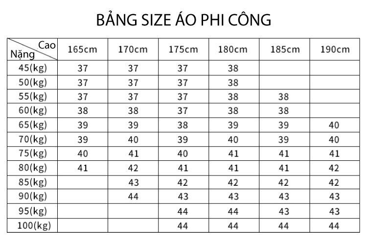 bảng size áo phi công
