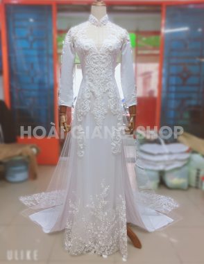 áo dài cô dâu trắng có đuôi