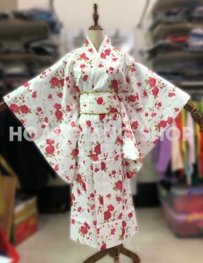 yukata nhật bản gấm màu trắng hoa đỏ