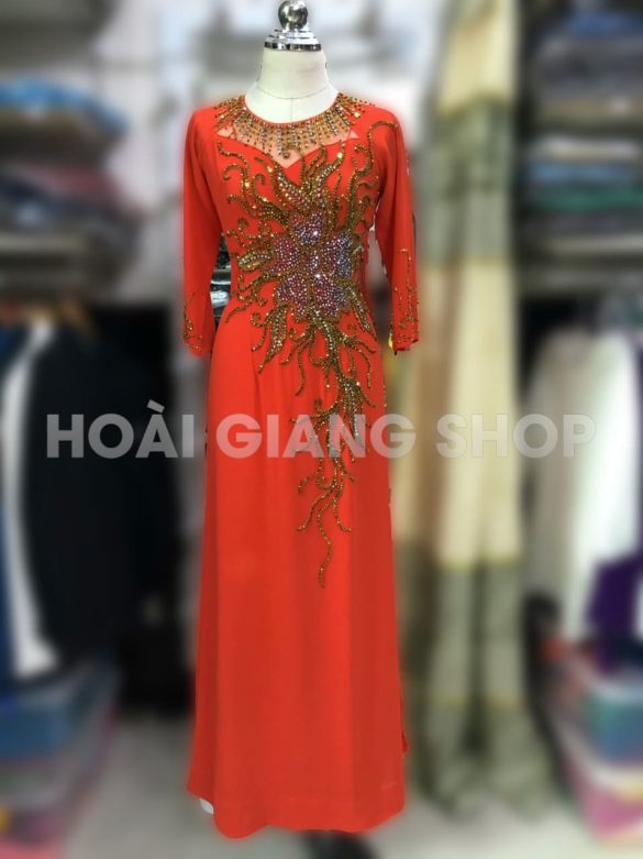 áo dài sui đỏ kết cườm vàng