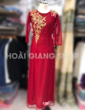 áo dài sui màu đỏ kết ren