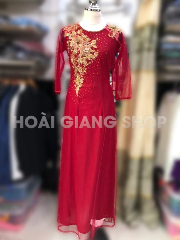 áo dài sui màu đỏ kết ren