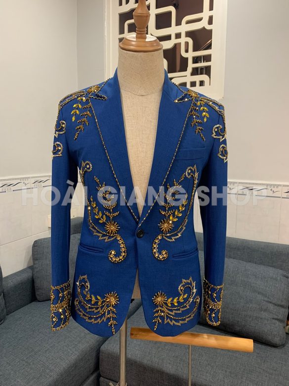 vest nam xanh dương kết cườm
