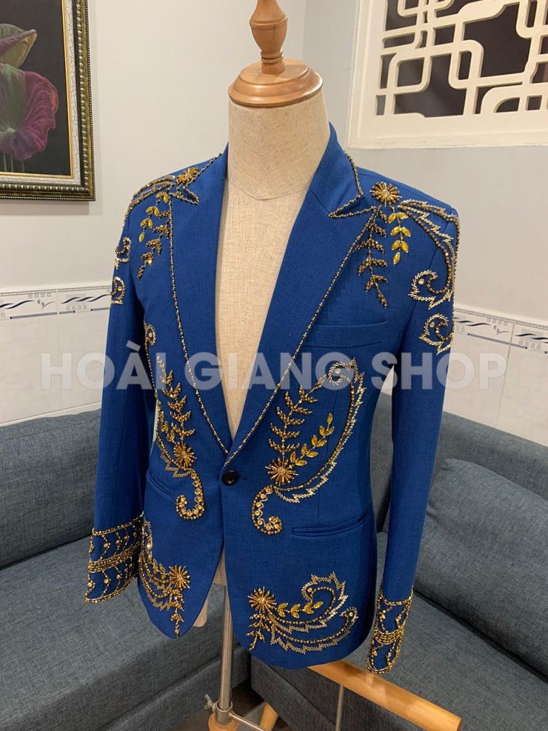 vest nam xanh dương kết cườm