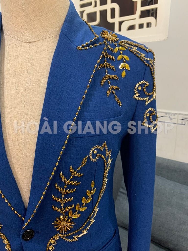 vest nam xanh dương kết cườm